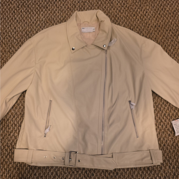 ASOS DESIGN longline oversized faux leather biker jacket in ecru Size 14 - Picture 7 of 15